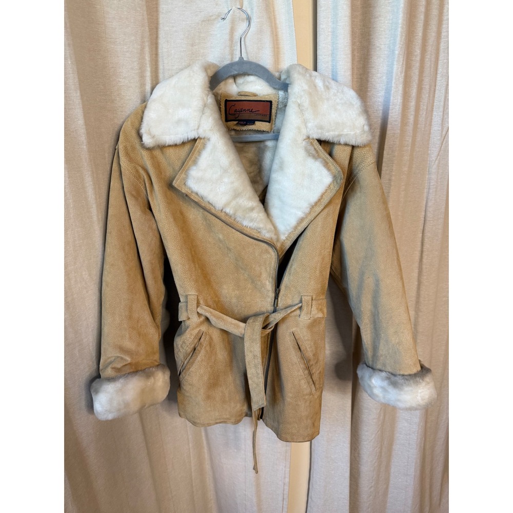 Y2K Vtg Leather Fur Trim Tan Suede Belted Jacket Coat Small‎ - Picture 6 of 7